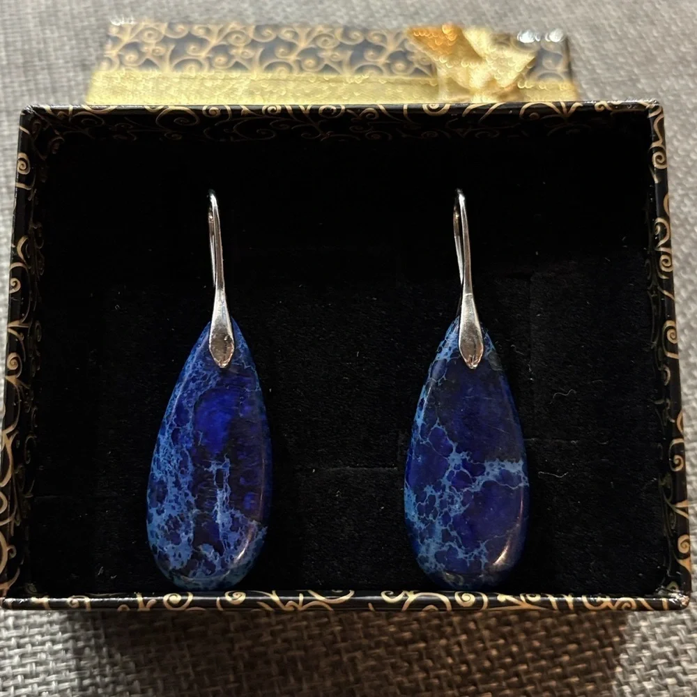 Blue Jasper Natural Gemstone Pendant Teardrop Earrings Silver Handmade Healing